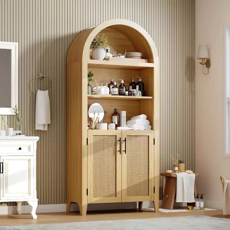 Acekool Armoire de cuisine bombée avec portes en rotin, meuble de rangement de ferme à 5 niveaux pour cuisine, salle à manger, salon