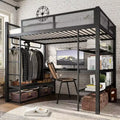 Bellemave Lit mezzanine queen en métal avec bureau, étagères de rangement et tringle à vêtements, cadre de lit mezzanine peu encombrant avec garde-corps et échelle, sans sommier tapissier, noir