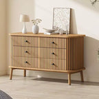 Commode, commode horizontale à 6 tiroirs avec poignées noires et pieds en bois, aspect bois naturel