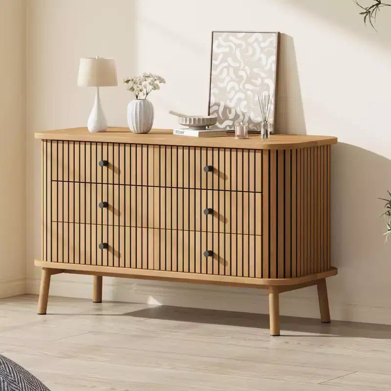 Commode, commode horizontale à 6 tiroirs avec poignées noires et pieds en bois, aspect bois naturel