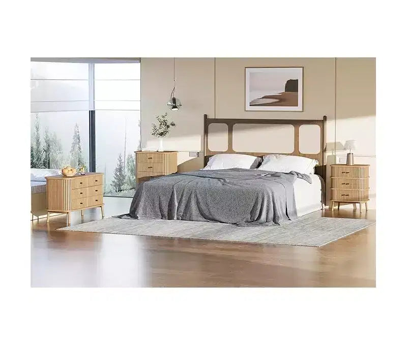 Commode, commode horizontale à 6 tiroirs avec poignées noires et pieds en bois, aspect bois naturel