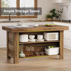Lantine Table Îlot de Cuisine 140 cm avec Rangement, Table Îlot Fixe en Bois à 3 Niveaux, Table de Bar Moderne avec Étagère de Rangement pour Cuisine, Marron Rustique