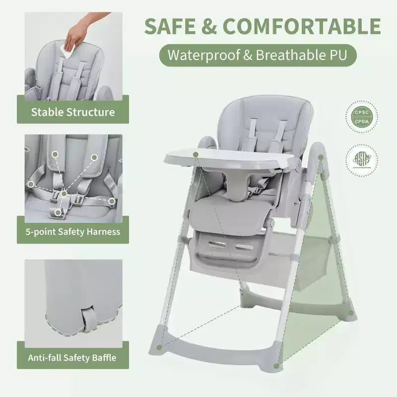 Chaise haute pliable pour bébés et tout-petits, chaise haute en cuir PU avec dossier réglable, hauteur d'assise, plateau amovible, harnais de sécurité 5 points et roues verrouillables