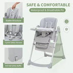 Chaise haute pliable pour bébés et tout-petits, chaise haute en cuir PU avec dossier réglable, hauteur d'assise, plateau amovible, harnais de sécurité 5 points et roues verrouillables