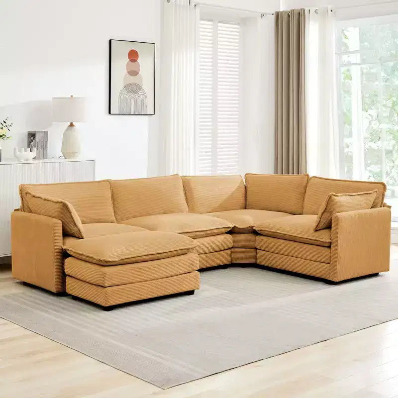Canapé modulaire moderne 5 places en velours côtelé, surdimensionné, 113,4 po (L) x 79,13 po (l), avec pouf, canapé en U avec coin salon, HYLEORY