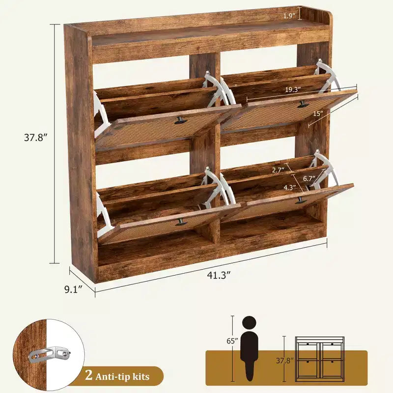 Meuble à Chaussures avec 4 Tiroirs Basculants, Meuble à Chaussures en Bois avec Portes en Rotin et Étagères Réglables - Organisateur de Chaussures Autonome