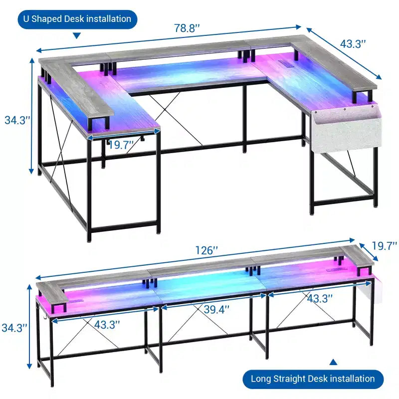 COZONY Bureau de jeu en forme de U/L 78", bureau d'ordinateur réversible avec prises de courant, lumières LED, support de moniteur et étagère de rangement, bureau d'angle pour le bureau à domicile