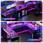Grand bureau d'angle en U avec prises électriques, lumières LED, support d'écran et rangements pour bureau à domicile et usage professionnel