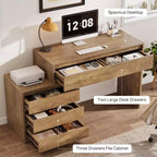 Bureau informatique Lantine avec 5 tiroirs, bureau de direction en bois avec meuble de classement et support pour imprimante pour bureau à domicile, petits espaces