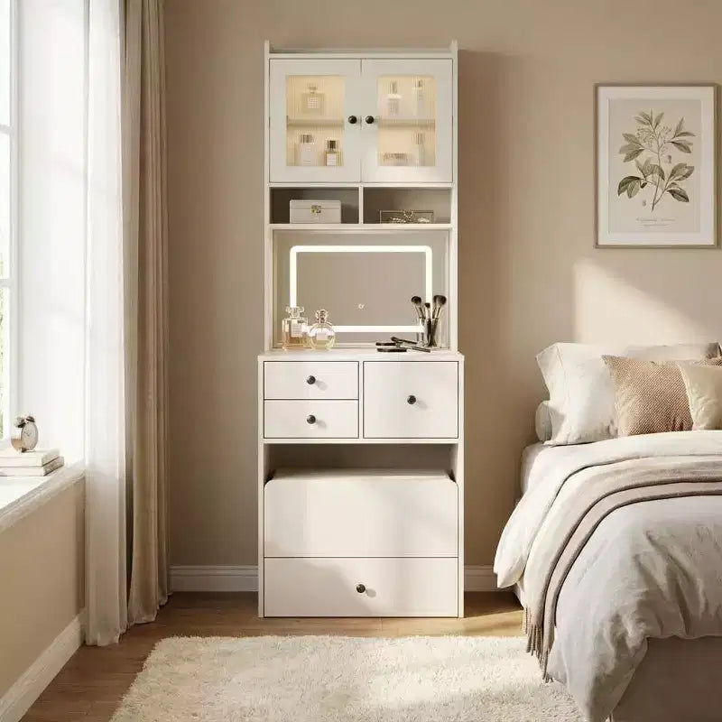 Coiffeuse 3-en-1 avec miroir lumineux, table de toilette compacte avec tiroirs, compartiment de rangement et tabouret roulant pour chambre à coucher