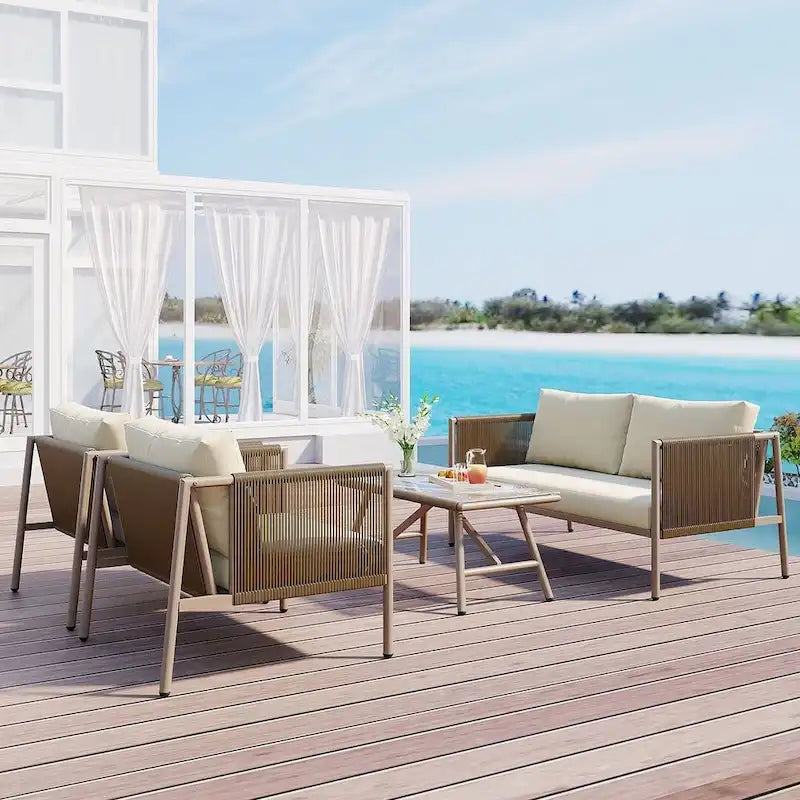 Ensemble de patio en corde d'extérieur 4 pièces pour 4 personnes avec coussins et table en verre