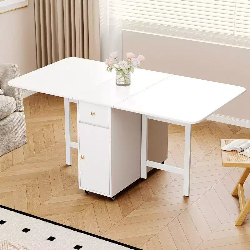 Table de salle à manger pliable ATJafurn 59 avec abattants pour petits espaces, table de cuisine rectangulaire en bois extensible avec roulettes et rangement