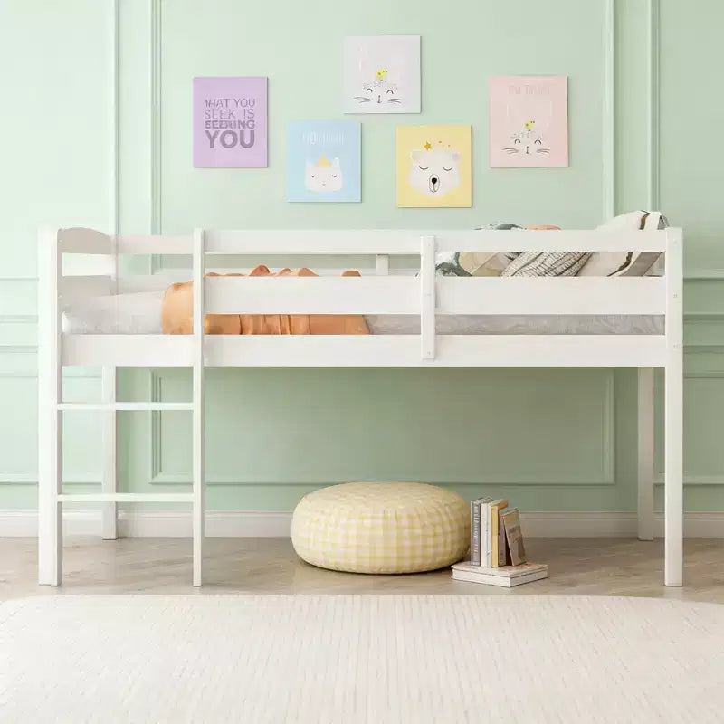 Lit mezzanine simple en bois massif Luxystar avec échelle et barrière de sécurité pour chambre d'enfant