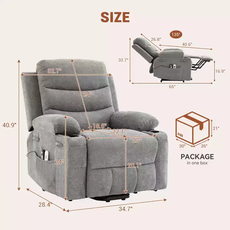 Fauteuil inclinable releveur avec massage et chauffage, fauteuils inclinables électriques surdimensionnés, siège de cinéma maison avec 2 porte-gobelets latéraux, fauteuil simple inclinable à bascule