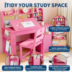 Bureau et chaise d'étude pour enfants avec rangement, bureau d'étude pour enfants avec étagère et plateau inclinable, table en bois pour enfants avec meuble de rangement pour les 3-8 ans