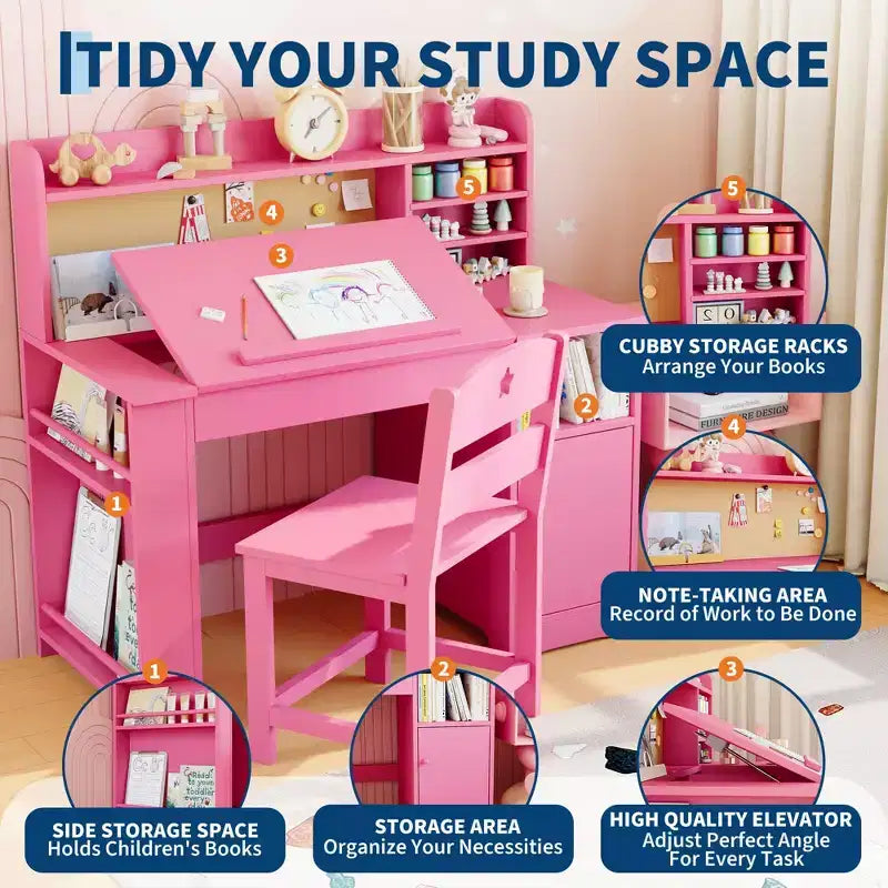 Bureau et chaise d'étude pour enfants avec rangement, bureau d'étude pour enfants avec étagère et plateau inclinable, table en bois pour enfants avec meuble de rangement pour les 3-8 ans