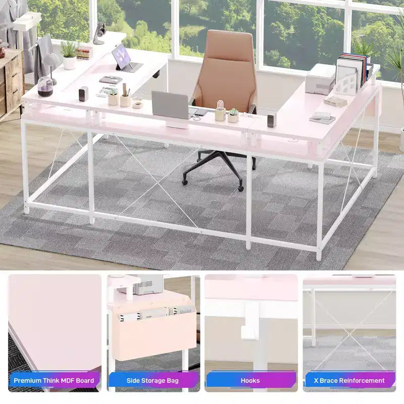COZONY Bureau de jeu en forme de U/L 78", bureau d'ordinateur réversible avec prises de courant, lumières LED, support de moniteur et étagère de rangement, bureau d'angle pour le bureau à domicile