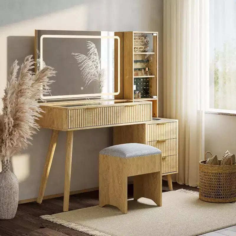 Coiffeuse cannelée de 122 cm avec miroir et lumières LED, station de charge, tabouret de rangement rembourré pour chambre à coucher