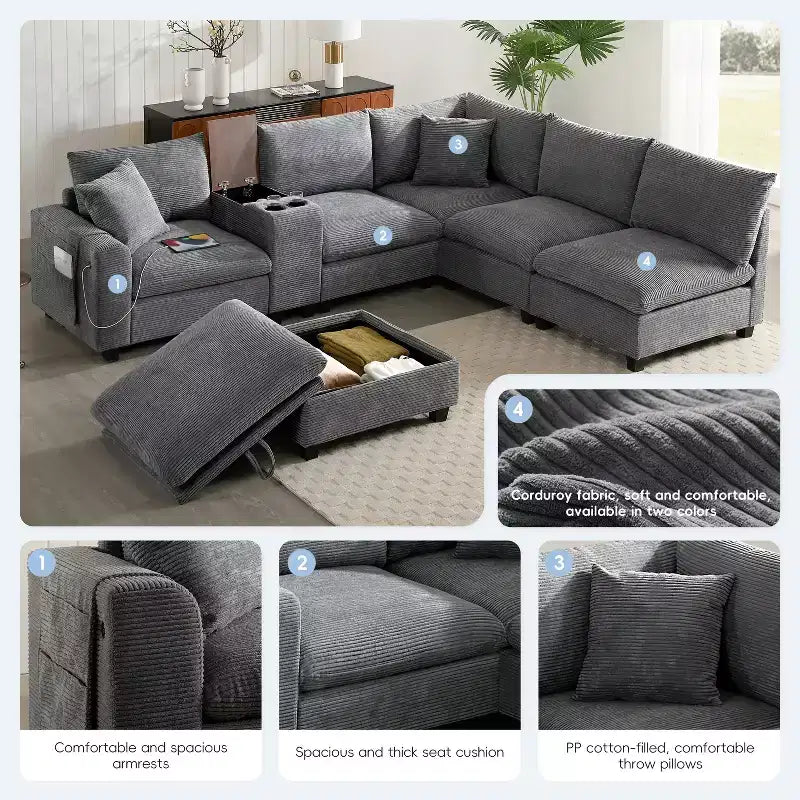 Canapé sectionnel modulaire surdimensionné Clihome 140 avec pouf de rangement mobile, porte-gobelet, assise large, chargeur USB, canapé en velours côtelé en forme de U à 6 places