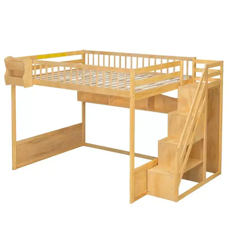 Lit mezzanine double avec escalier, armoire et étagères de rangement – MDF, 295 kg