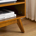 Meuble TV vintage en rotin avec 2 placards de rangement et 4 pieds en bois pour salon, chambre et bureau