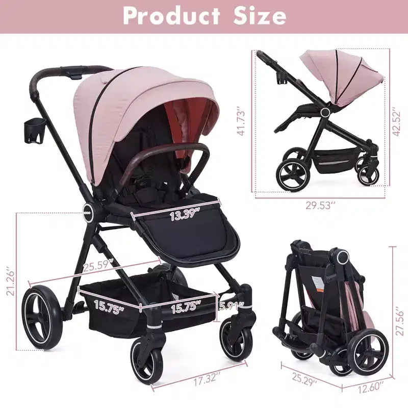 Poussette Bébé, Poussette Pliante - Poussette Haute pour Nouveau-né et Tout-petit, Landau Convertible avec Dossier Réversible