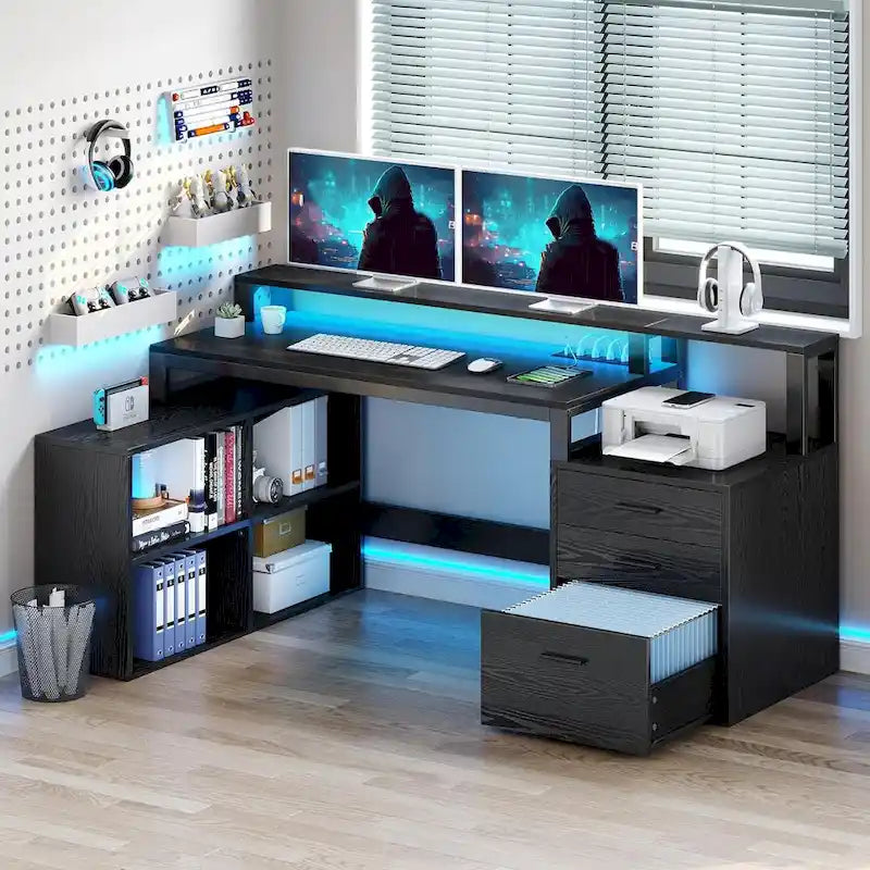 Bureau d'angle en L de 165 cm avec LED RVB, support d'écran et armoire de rangement – 1 personne | Blanc / Chêne / Gris anthracite / Noir