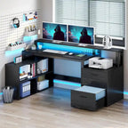 Bureau d'angle en L de 165 cm avec LED RVB, support d'écran et armoire de rangement – 1 personne | Blanc / Chêne / Gris anthracite / Noir