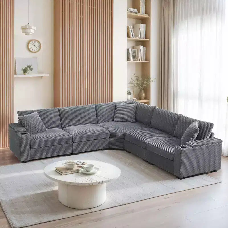 Canapé d'angle modulable en velours côtelé 106 avec accoudoir, rangement, porte-gobelets, chargeur USB et canapé modulaire surdimensionné confortable
