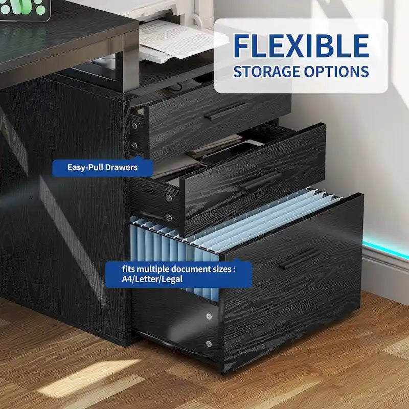 Bureau d'angle en L de 165 cm avec LED RVB, support d'écran et armoire de rangement – 1 personne | Blanc / Chêne / Gris anthracite / Noir