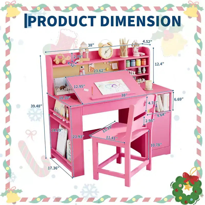 Bureau et chaise d'étude pour enfants avec rangement, bureau d'étude pour enfants avec étagère et plateau inclinable, table en bois pour enfants avec meuble de rangement pour les 3-8 ans