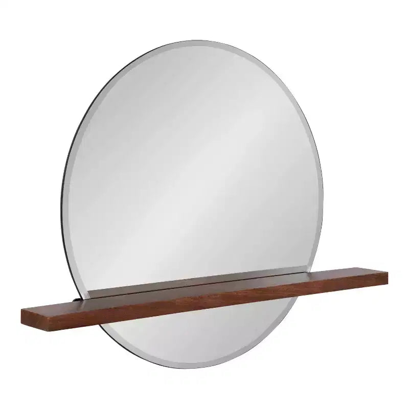 30" x 24" Fosset Round Frameless Mirror with Shelf Walnut Brown - Kate & Laurel All Things Decor: Chic Beveled Edge, Mango Wood