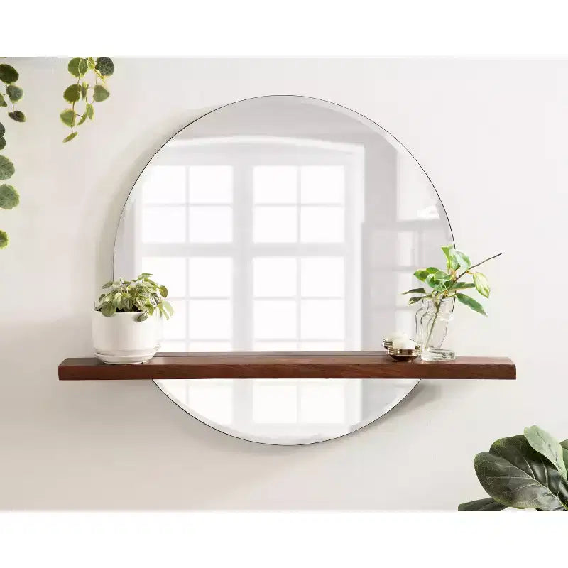 30" x 24" Round Frameless Mirror with Shelf - Walnut Brown, Beveled Edge, Mango Wood