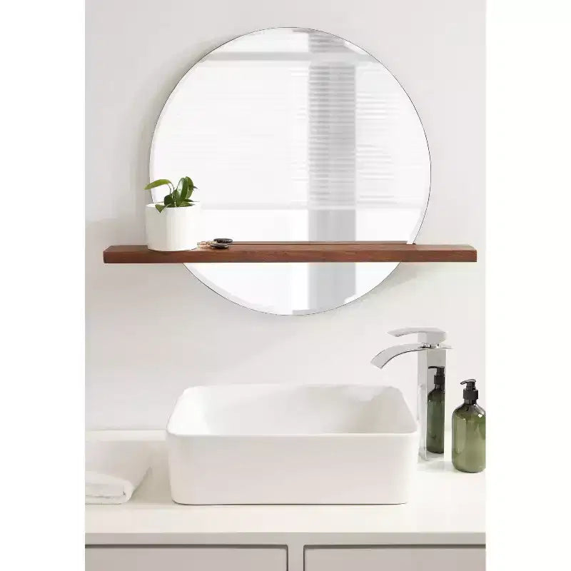30" x 24" Round Frameless Mirror with Shelf - Walnut Brown, Beveled Edge, Mango Wood