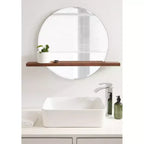 Miroir rond sans cadre de 30 po x 24 po avec étagère – Noyer brun, bord biseauté, bois de manguier