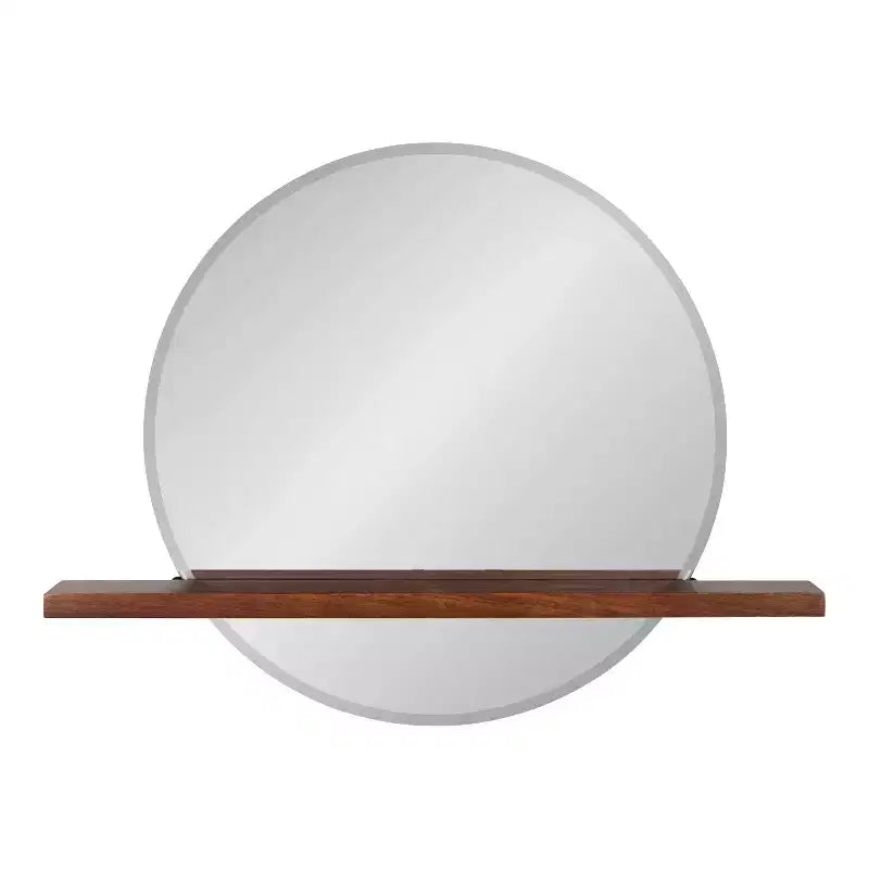 30" x 24" Round Frameless Mirror with Shelf - Walnut Brown, Beveled Edge, Mango Wood