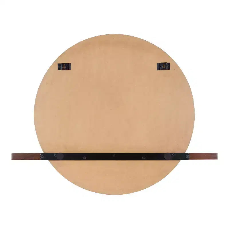 30" x 24" Round Frameless Mirror with Shelf - Walnut Brown, Beveled Edge, Mango Wood