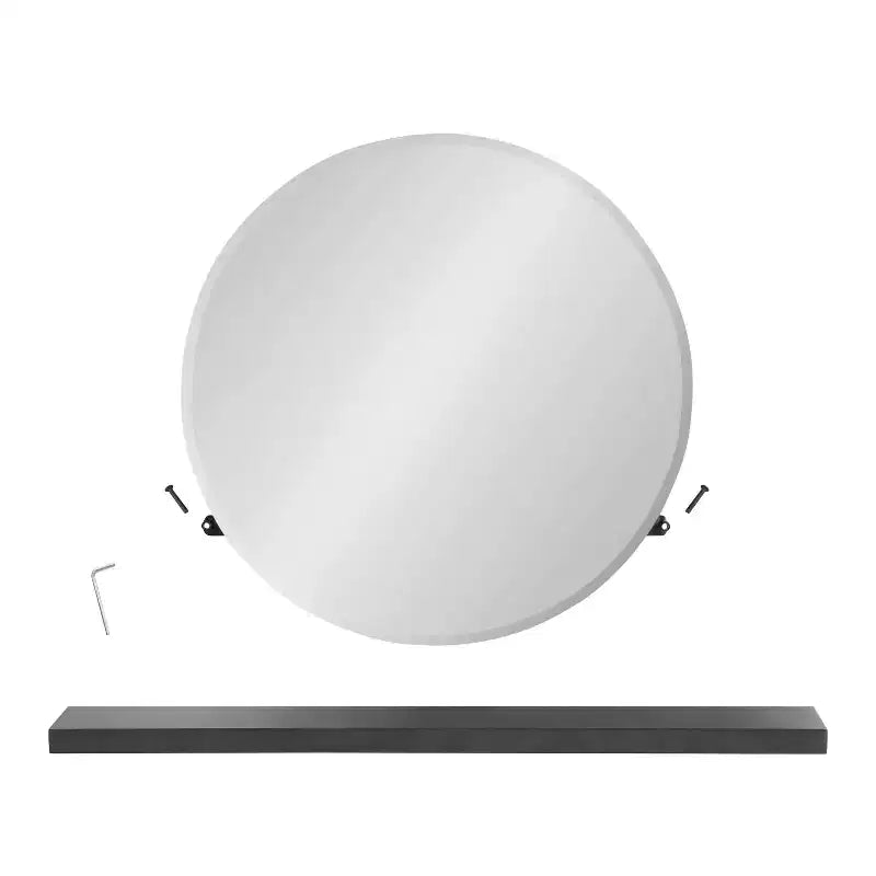 30" x 24" Round Frameless Mirror with Shelf - Walnut Brown, Beveled Edge, Mango Wood