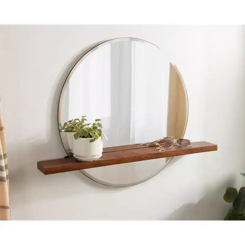 30" x 24" Round Frameless Mirror with Shelf - Walnut Brown, Beveled Edge, Mango Wood