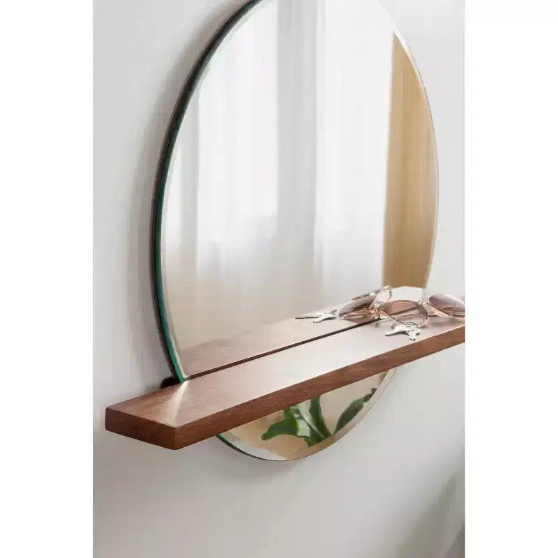 30" x 24" Round Frameless Mirror with Shelf - Walnut Brown, Beveled Edge, Mango Wood