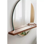Miroir rond sans cadre de 30 po x 24 po avec étagère – Noyer brun, bord biseauté, bois de manguier