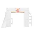 Lit mezzanine en bois massif Luxystar avec bureau, toboggan, panier de basket et escalier de rangement pour enfants et adolescents