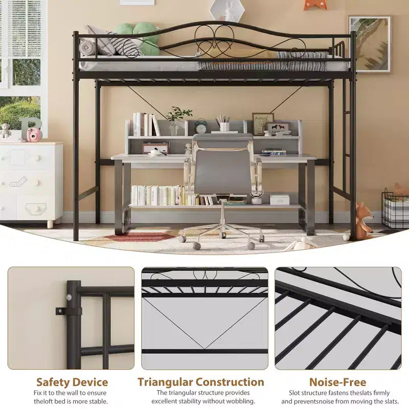 Lit mezzanine double avec échelle amovible et garde-corps de sécurité intégral, lit mezzanine double avec cadre en métal robuste d'une capacité de 180 kg, gain de place.
