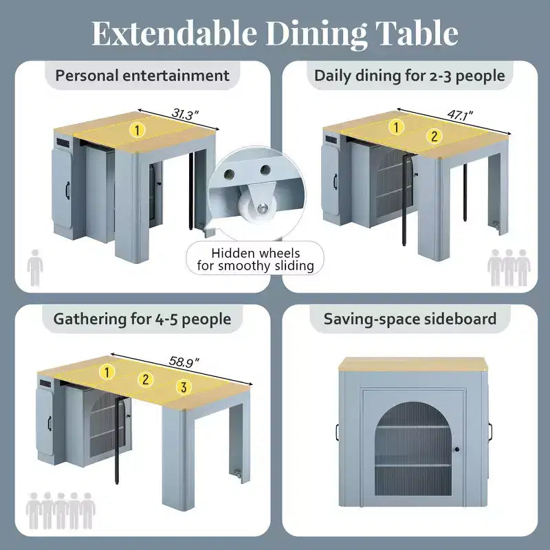 Table à manger extensible Whisen, table îlot mobile roulante avec 3 rallonges amovibles, meuble de rangement