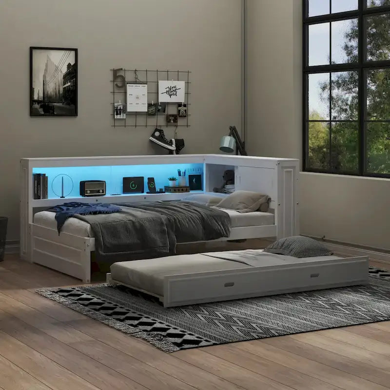 Lit de repos double avec étagères, chargement USB, lumières LED et lit gigogne simple