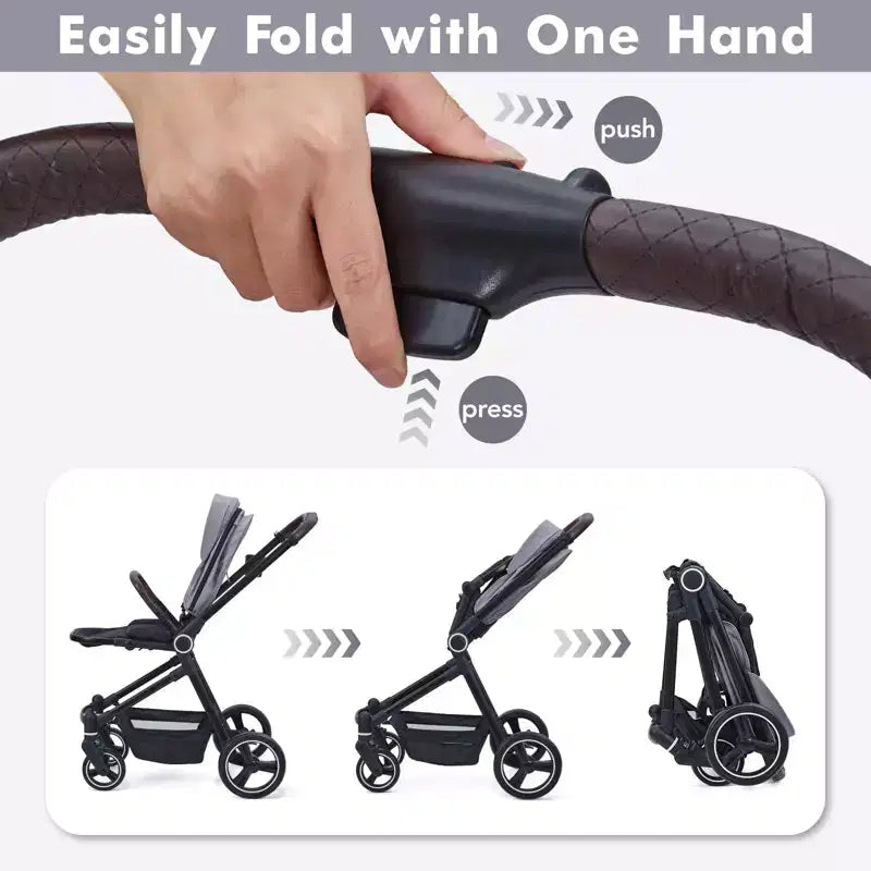 Poussette Bébé, Poussette Pliante - Poussette Haute pour Nouveau-né et Tout-petit, Landau Convertible avec Dossier Réversible