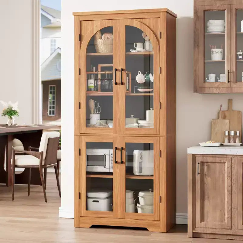 Meuble de rangement de cuisine de 178 cm, buffet moderne avec 4 portes vitrées cintrées et étagères réglables, pour cuisine, salon, salle à manger, salle de bain