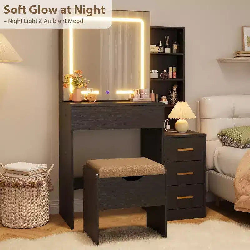 Coiffeuse moderne DobleePy avec miroir coulissant et lumières LED, 4 tiroirs, 7 étagères, station de recharge et tabouret, table de maquillage pour chambre à coucher