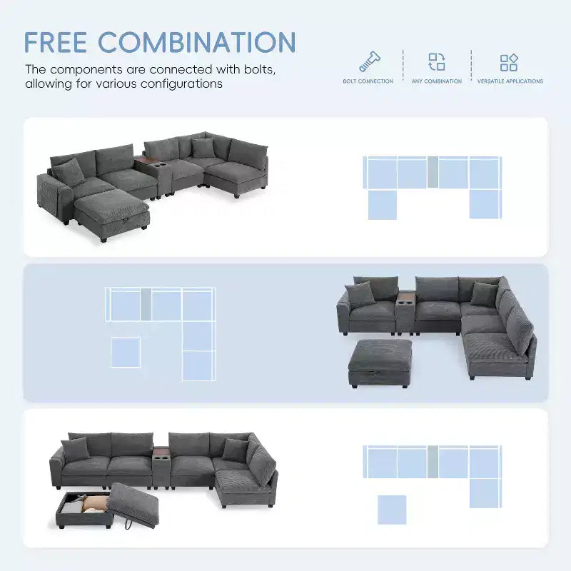 Canapé sectionnel modulaire surdimensionné Clihome 140 avec pouf de rangement mobile, porte-gobelet, assise large, chargeur USB, canapé en velours côtelé en forme de U à 6 places