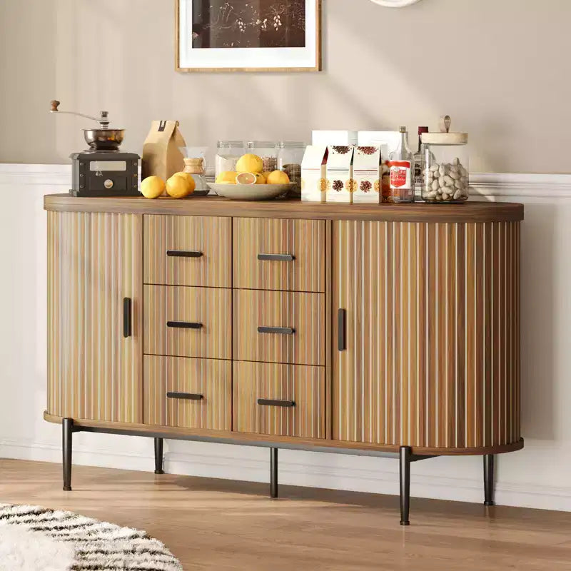 Buffet bas de ferme cannelé de 150 cm, meuble TV avec 6 tiroirs et 2 portes coulissantes, meuble de rangement polyvalent pour salon